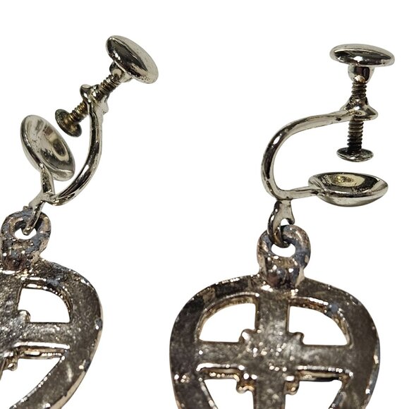 Vintage Faux Pearl Heart Shaped Cross Screw Back Earrings Religious Jewelry - Picture 5 of 6
